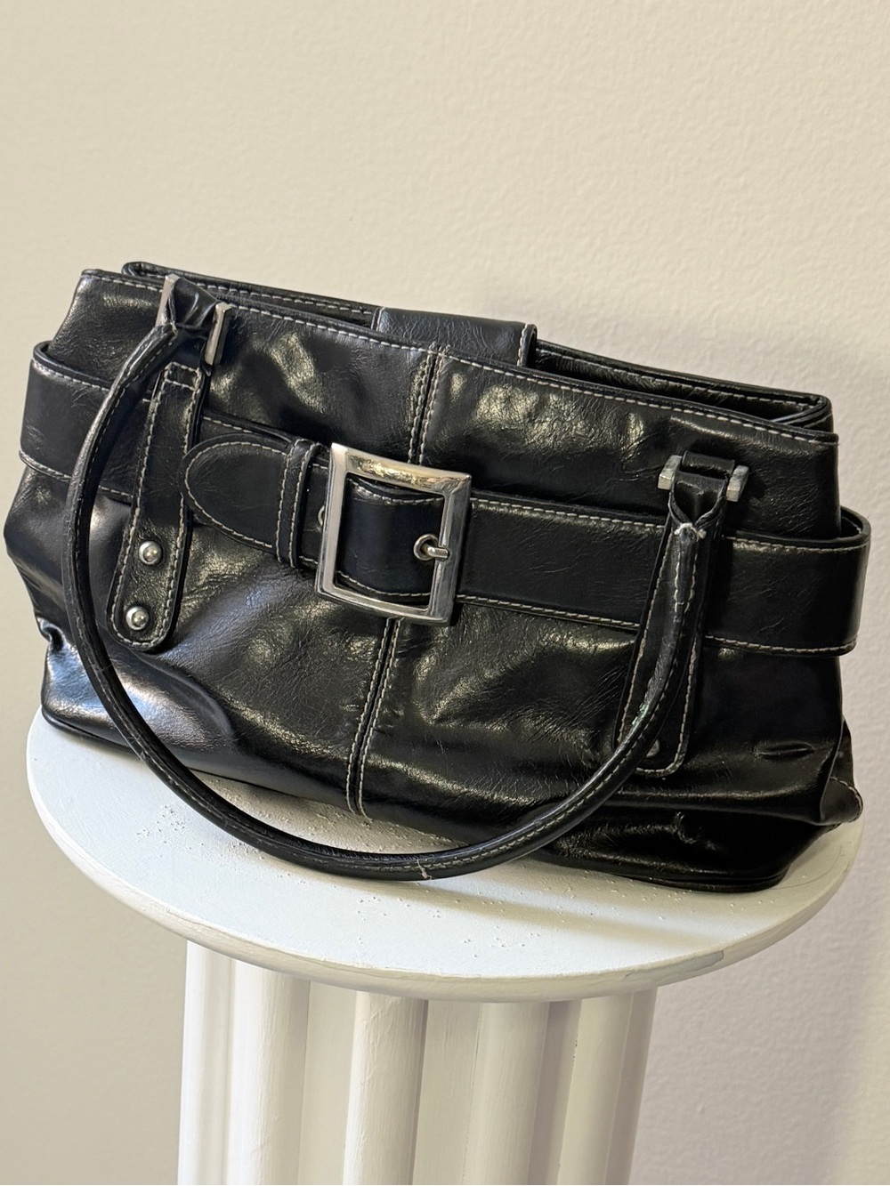 Classic Black Leather Tote with Buckle Accent